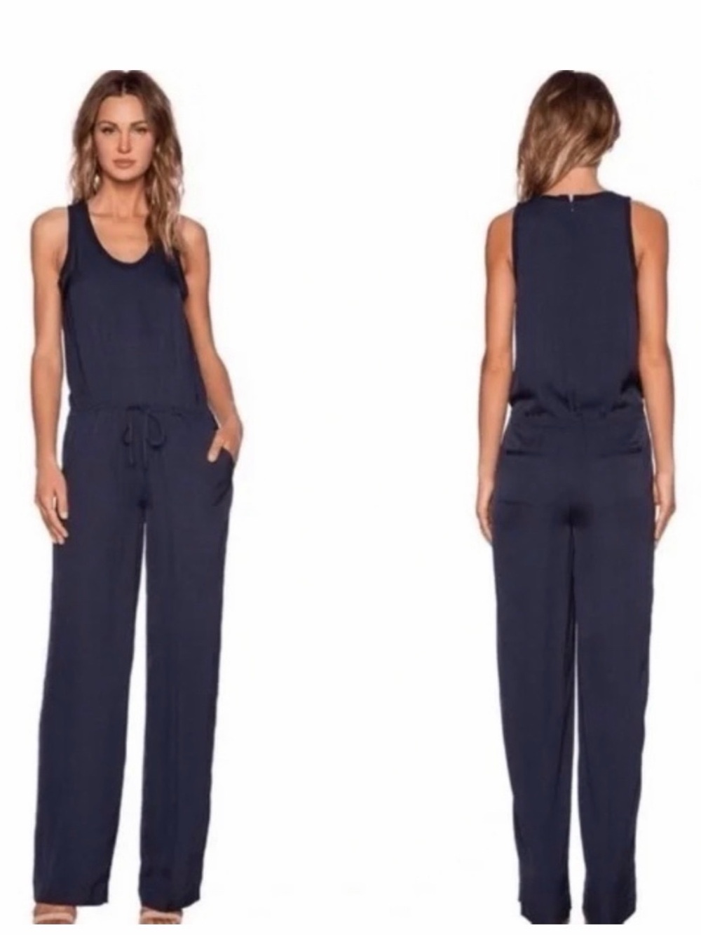Theory Navy Silk Jumpsuit with Drawstring Waist
